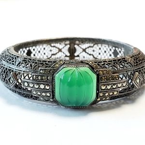 Art Deco Bracelet Antique Sterling & Chrysoprase Bangle Bracelet Helgen Mfg. Co.